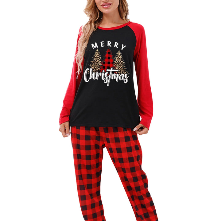Matching Family Christmas Pyjamas – Tree Print Long Sleeve Top & Plaid Pants