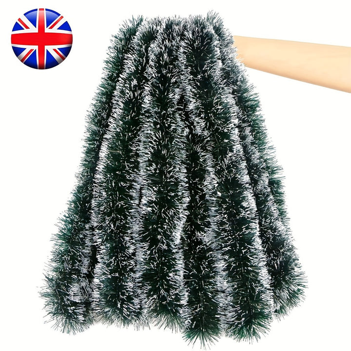 10m Artificial Pine Christmas Garland – Green & White Snowflake Tinsel