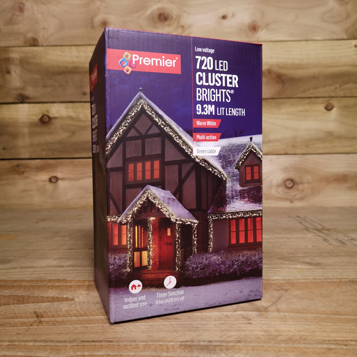 Premier 720 LED Clusterbrights – 9.3m Warm White Christmas Lights with Timer