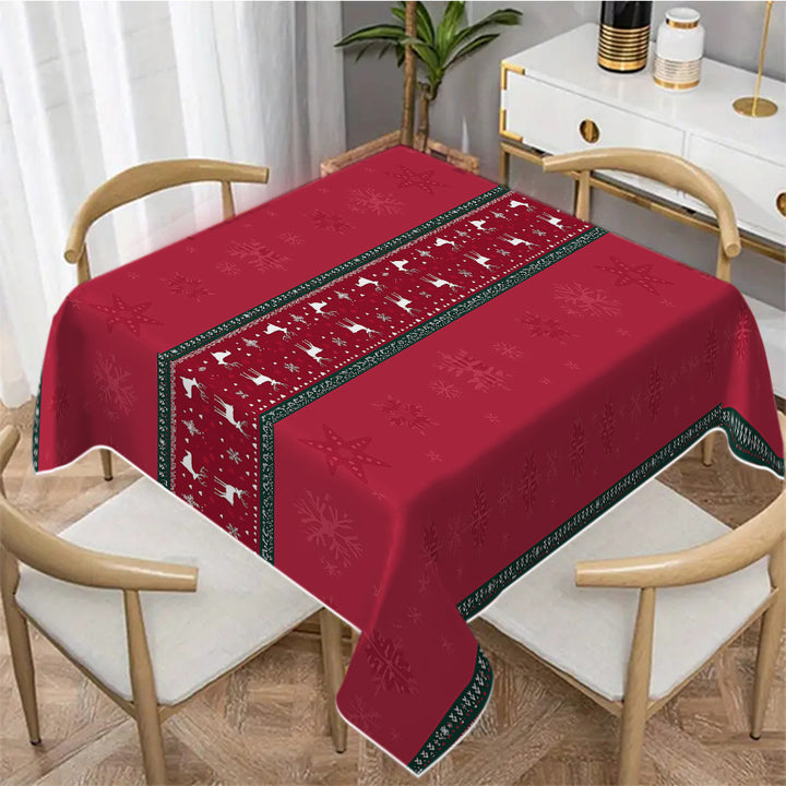 Burgundy Red & White Christmas Tablecloth – Snowflake Reindeer Rectangular Cover