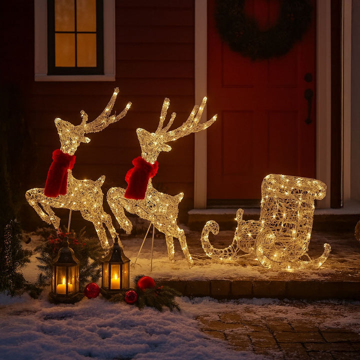 Neo 240 LED Christmas Sleigh & Reindeer – Warm White Mixed Effects, 65cm