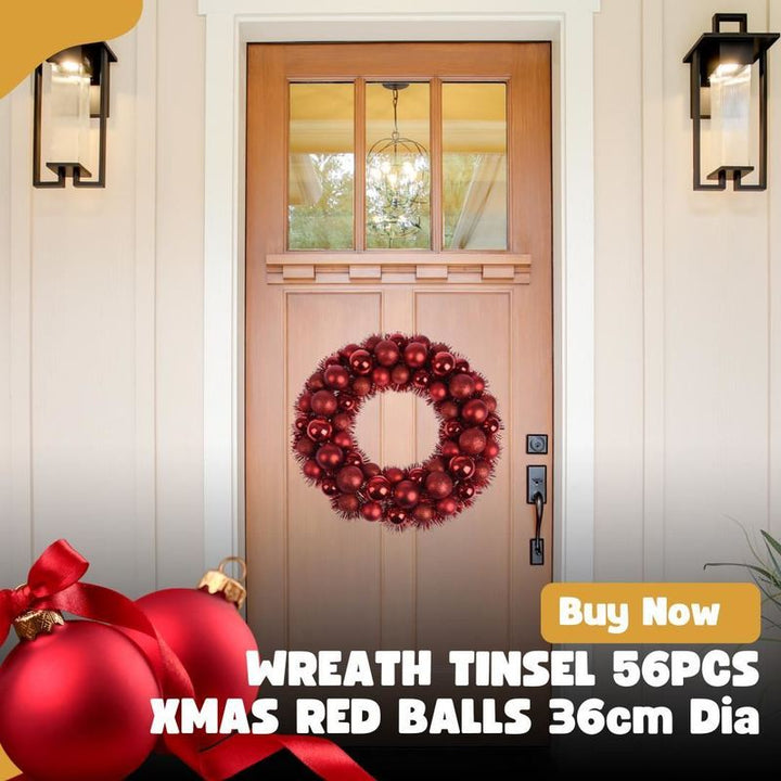 36cm Tinsel Christmas Wreath – 56 Red Baubles (Matte, Glitter & Chrome)