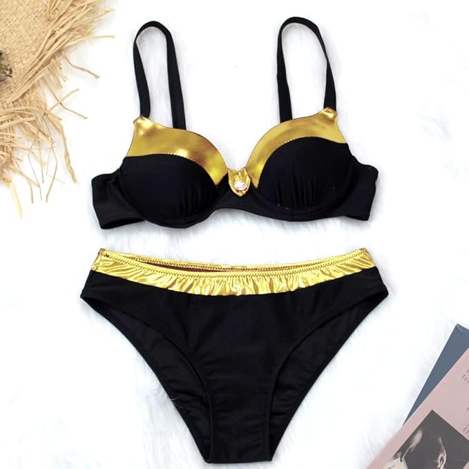 Good Times Bikini Set with Underwire Push Up Two-Piece Swimsuit Swimwear Beach Wear Swimsuit, black-gold, L