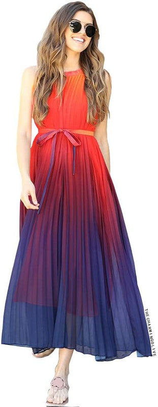 Chicwish Women's Splendor of The Sunset Orange Violet Halter Neck Gradient Pleated Maxi Slip Chiffon Dress, Purple, XL