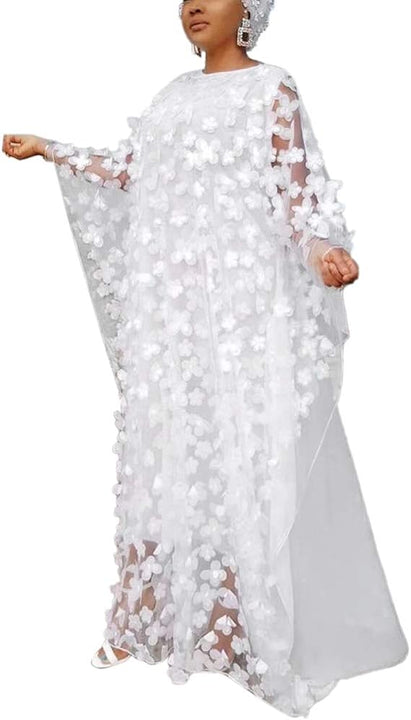 HD African Women Applique Flower Dress Boat Neck Chiffon Kaftan Dress One Size, White, One Size
