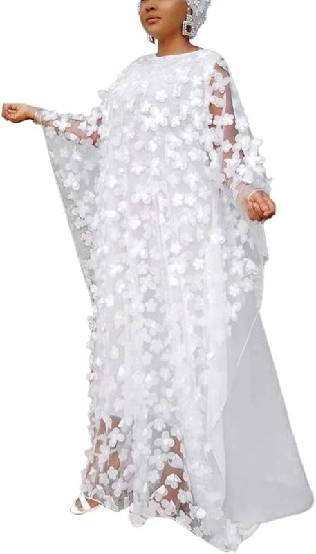 HD African Women Applique Flower Dress Boat Neck Chiffon Kaftan Dress One Size, White, One Size