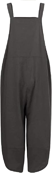 Linke Overalls for Women Casual Loose Dungarees Soft Cotton Linen Baggy Jumpsuit Adjustable Straps with Pockets, 3XL, Grey