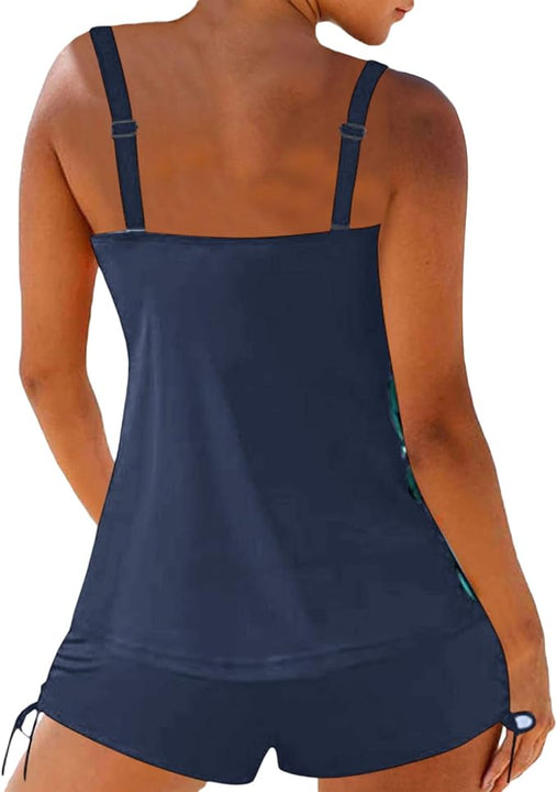 Women's Swimming Two Piece Tankini Sets Push up Tummy Control High Waisted Swimsuits 2 Piece Swimwear Bathing Suit Beach Wear Tankini Top with Shorts for Ladies (bobo bikini Lake Blue, L)