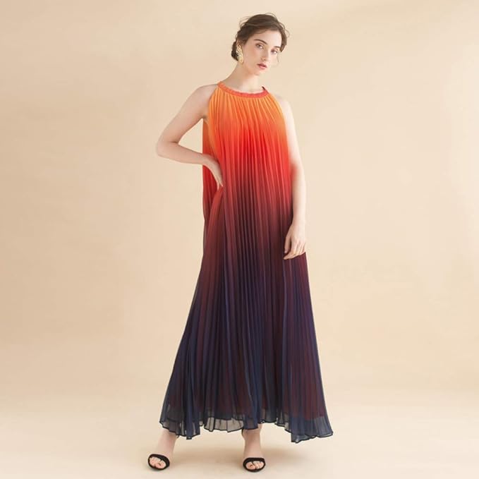 Chicwish Women's Splendor of The Sunset Orange Violet Halter Neck Gradient Pleated Maxi Slip Chiffon Dress, Purple, XL