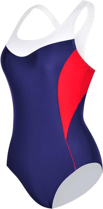 Veranobreeze Women's Sports One Piece Swimsuit Racerback Black Sports Swimwear for Women (Siren Red/Dark Blue/White, UK12)