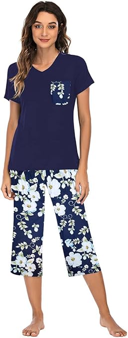Famulily Pyjamas women Ladies 3/4 Short pjs Summer Nightware Womens Floral Cotton Pyjamas Dark Blue XL