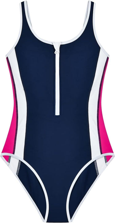 Veranobreeze Ladies Swimsuit One Piece Swimming Costume Black Athletic Swimsuit Modest Swimwear(Rose Red & Dark Blue, UK12)