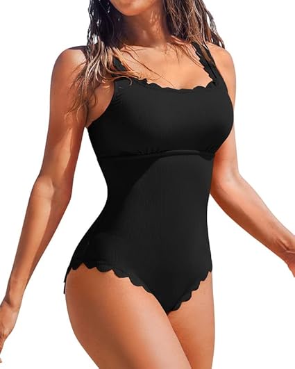 CharmLeaks Retro Square Neckline Ladies Swimming Costumes Removable Pads One Piece Swimsuit Chic Bathing Suit Black S