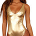 IDOPIP Rave Outfit Women's Festival Metallic Shiny Backless Full Body Swimsuit 80/90s Holographic Gymnastics Swimsuit V-Neck Bodysuit One-Piece Swimwear Bikini Swimwear, golden, M