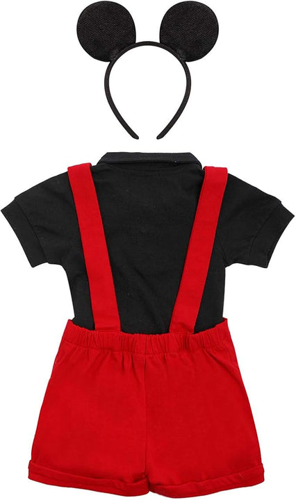 Gentleman First Birthday Cake Smash Photo Prop Mickey Outfits for Baby Boys Romper+Bow Tie+Suspenders Overalls Bib Pants Shorts Mouse Ears Christmas Clothing Set Red+Balck-Buttons 18-24 Months