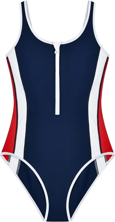 Veranobreeze Ladies Swimsuit One Piece Swimming Costume Black Athletic Swimsuit Modest Swimwear (Red & Dark Blue, UK14)