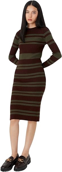 Trendyol Women's Woman Fitted Bodycon Crew Neck Knitwear Dress, Brown, S