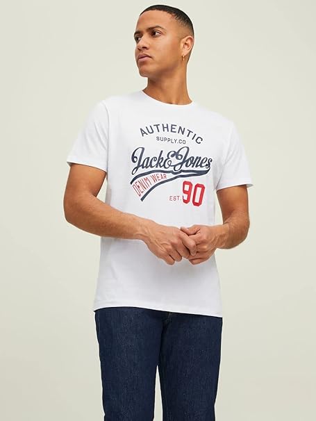 JACK & JONES Men's T-Shirt, Crew Neck, Logo Print, White, L