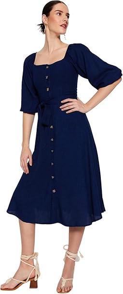 Trendyol Women's Midi A-line Regular Dress, Navy Blue, 34 UK