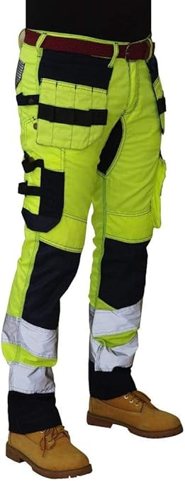 HASHOOB Men's Hi Viz Work Trousers Cargo Combat Army Trousers, Light Green and Black, 32W / 34L