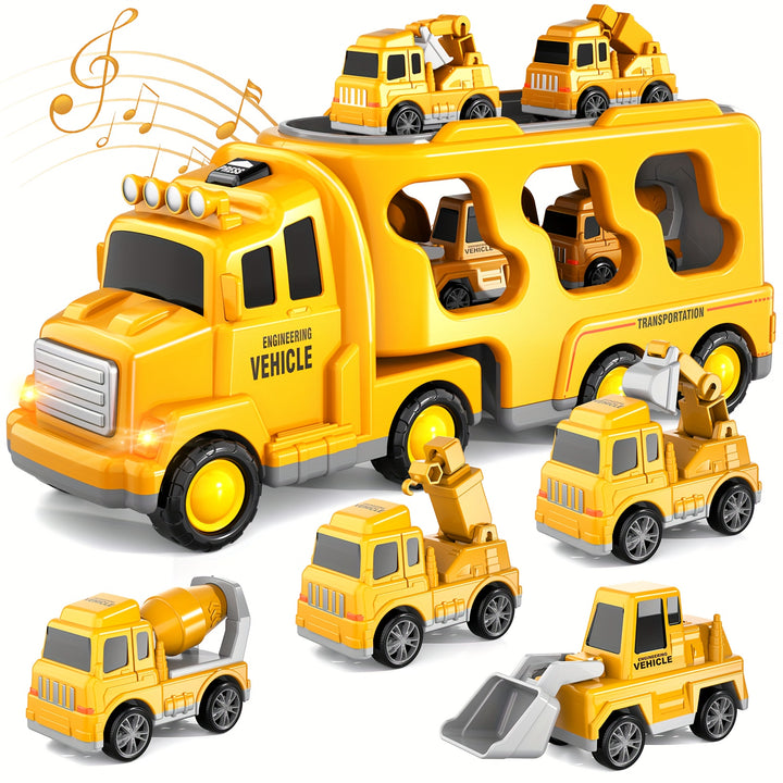 5-in-1 Fire Truck & Car Carrier – Friction Action Toy with Lights & Sounds (Ages 3–6)