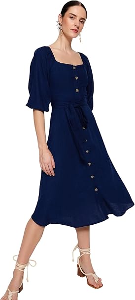 Trendyol Women's Midi A-line Regular Dress, Navy Blue, 34 UK