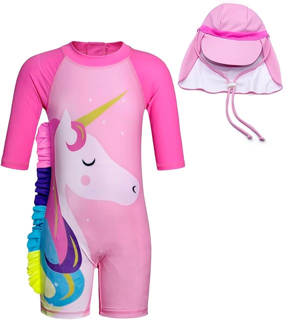 KumSoomliy Girls Swimming Costume One Piece Swimsuit Unicorn Swimwear Zipper Bathing Suit Surfing Swimming UV Protection Children Kids Rush Guard Summer Holiday Beachwear Swimsuits 3-4 Y, Size 3,Pink