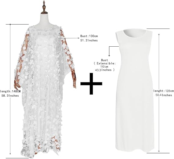 HD African Women Applique Flower Dress Boat Neck Chiffon Kaftan Dress One Size, White, One Size