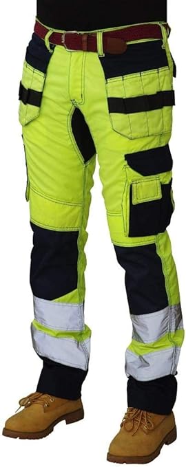 HASHOOB Men's Hi Viz Work Trousers Cargo Combat Army Trousers, Light Green and Black, 32W / 34L