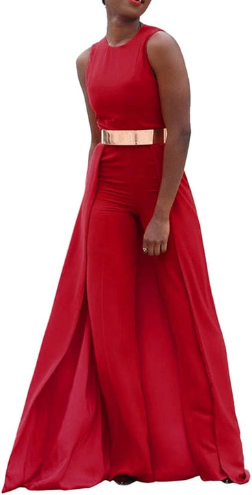 VERWIN Patchwork Overlay Embellished Plain Women's Jumpsuit High-Waist Woman Romper (X-Large, Red)