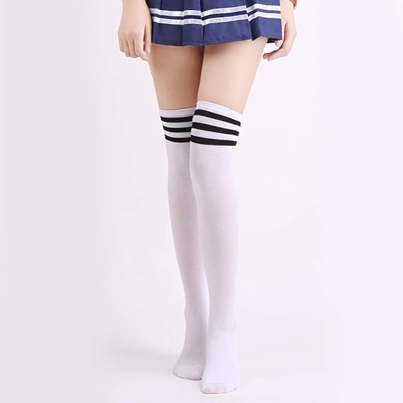 DRESHOW 2 Pairs Over Knee Thigh Socks Thigh High Socks Casual High Stockings Long Knee High Socks for Girl and Women, White/Grey / One Size