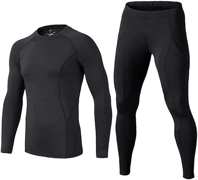 BUYKUD Men's Long Sleeve Base Layer Compression Athletic Underwear Shirt Tights Top & Bottom Set, Black, S