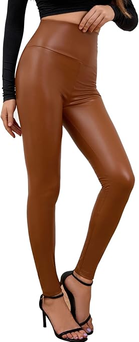 Everbellus Sexy Womens Faux Leather High Waisted Leggings, Brown, Large