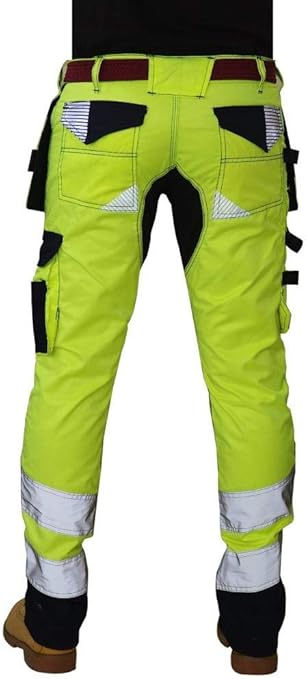 HASHOOB Men's Hi Viz Work Trousers Cargo Combat Army Trousers, Light Green and Black, 32W / 34L
