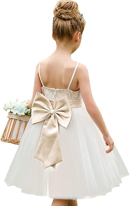 Aibaowedding Flower Girl Sleeveless Lace Dress Tulle Princess Bow Wedding Party Dress Junior Bridesmaid Dresses, champagne, 6-7 Years