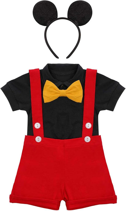 Gentleman First Birthday Cake Smash Photo Prop Mickey Outfits for Baby Boys Romper+Bow Tie+Suspenders Overalls Bib Pants Shorts Mouse Ears Christmas Clothing Set Red+Balck-Buttons 18-24 Months