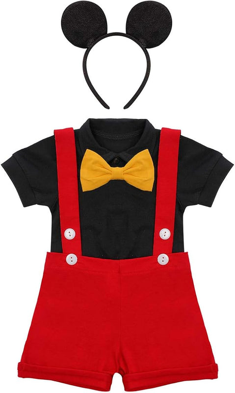 Gentleman First Birthday Cake Smash Photo Prop Mickey Outfits for Baby Boys Romper+Bow Tie+Suspenders Overalls Bib Pants Shorts Mouse Ears Christmas Clothing Set Red+Balck-Buttons 18-24 Months