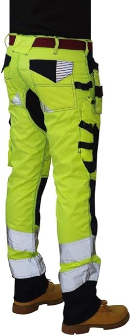 HASHOOB Men's Hi Viz Work Trousers Cargo Combat Army Trousers, Light Green and Black, 32W / 34L