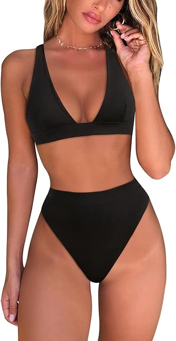 Fatty Tiger Womens High Waisted Thong Bikini Sets Sexy Brazilian Triangle Top Deep V Neck Two Piece Swimsuit Bathing Suits, Black, Medium