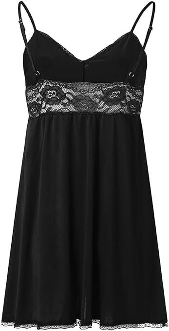 Bunanphy Sexy Lingerie Dress Babydoll Nightwear Set Women Lace Nightdress Sleepwear with G-String Black 14-16