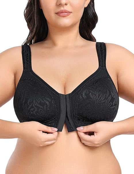 WingsLove Front Fastening Bras for Women Minimizer Wireless Non Padded Full Coverage Back Support Plus Size Bras (Black,36DD)
