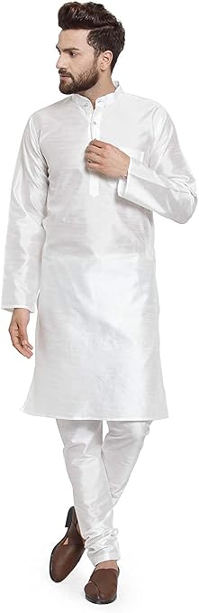 FASHIONZAADI Men Silk Kurta Pajama Set Indian Men's Wedding Designer Collection Party Wear Churidar Kurta for Boys (White, 3XL)