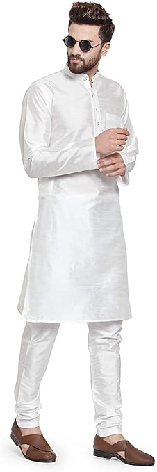 FASHIONZAADI Men Silk Kurta Pajama Set Indian Men's Wedding Designer Collection Party Wear Churidar Kurta for Boys (White, 3XL)