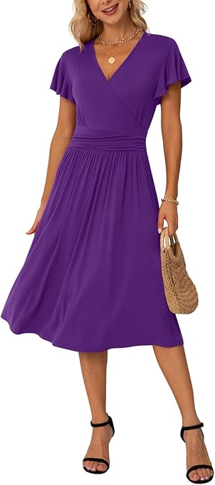 GRECERELLE Womens Summer Wrap Dress Ladies Casual Ruffle Short Sleeve V-Neck Floral Beach Dresses for Women (04 Purple, XL)