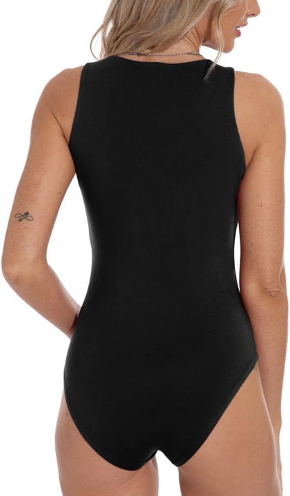 PrinStory Bodysuit for Women Black Sleeveless Body Suit Crew Neck Tank Tops (Black, M)