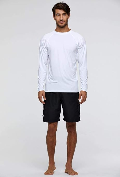 Arcweg Rashguard Men Long Sleeves Diving UV Protection UPF 50+ Elastic Rash Vest Loose Fit Top Swimming Quick Drying Surfing Pool T-Shirt Sports Top Rashie L, White