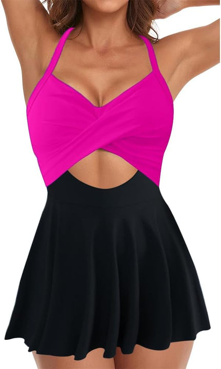 THSCWY Women Cutout One Piece Skirt Swimsuit V Neck Wrap Tie Back Swimwear Tummy Control Bathing Suits Rosered, M