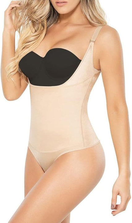 SHAPERX Shapewear for Women Tummy Control Thong Bodysuit Open Bust Body Shaper, Skin, Large