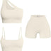 OQQ Women's 3 Piece Outfits Ribbed Seamless Exercise Scoop Neck Sports Bra One Shoulder Tops High Waist Shorts Active Set, Beige1, Small