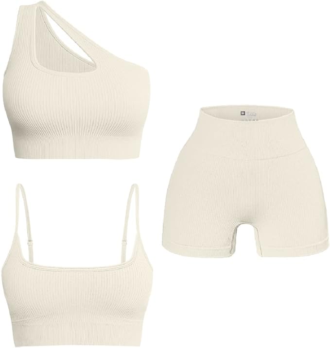 OQQ Women's 3 Piece Outfits Ribbed Seamless Exercise Scoop Neck Sports Bra One Shoulder Tops High Waist Shorts Active Set, Beige1, Small